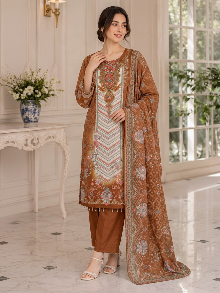 Brown Printed Muslin Kurta With Pant &amp; Dupatta
