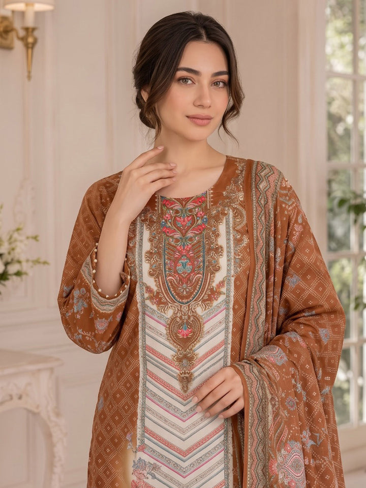 Brown Printed Muslin Kurta With Pant &amp; Dupatta