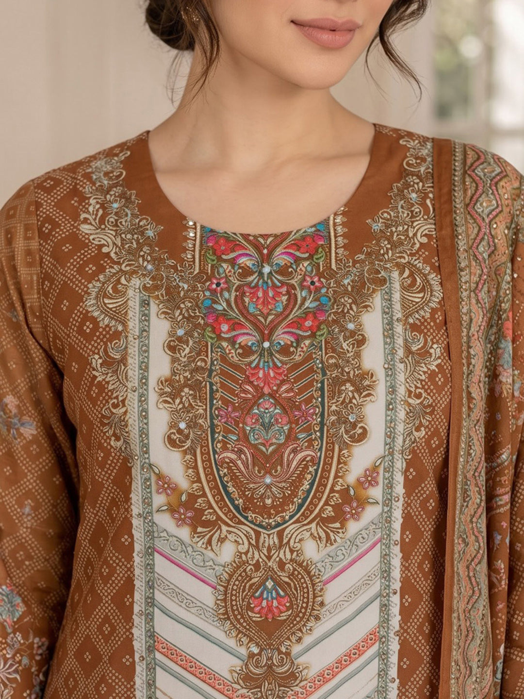 Brown Printed Muslin Kurta With Pant &amp; Dupatta
