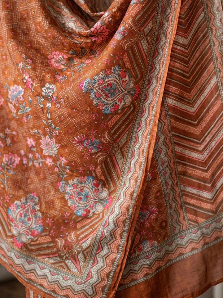 Brown Printed Muslin Kurta With Pant &amp; Dupatta