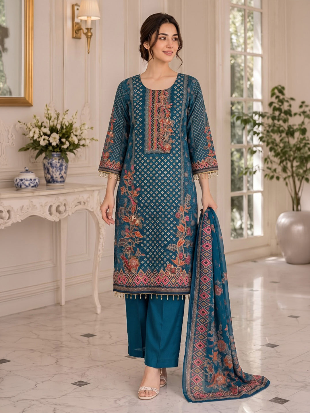 Blue Printed Muslin Kurta With Pant &amp; Dupatta