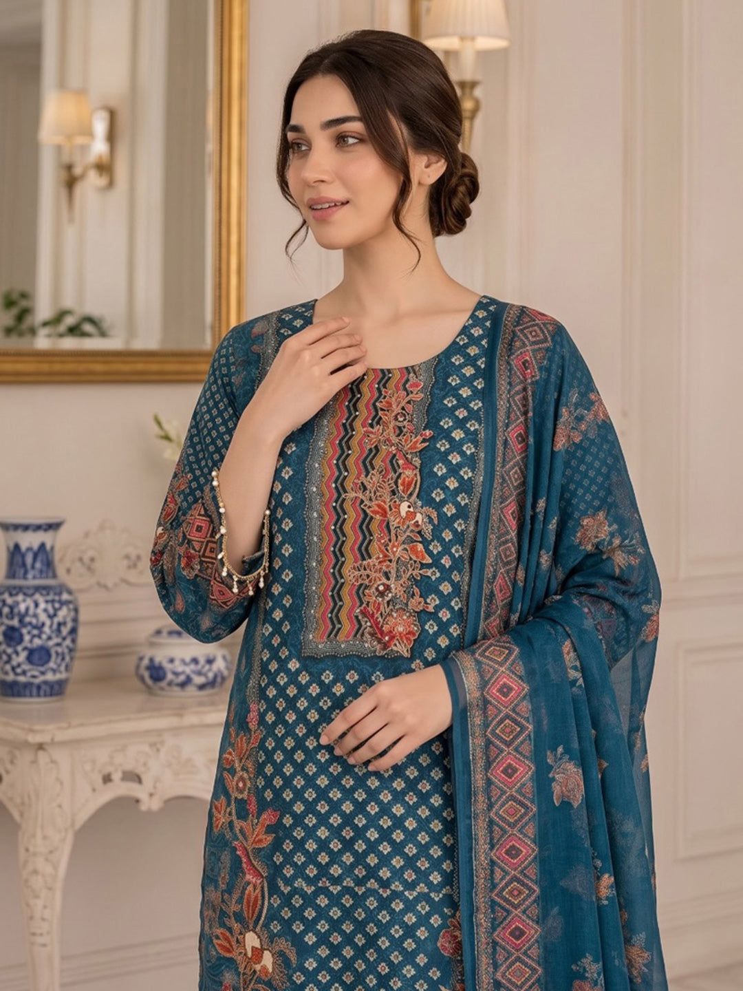 Blue Printed Muslin Kurta With Pant &amp; Dupatta