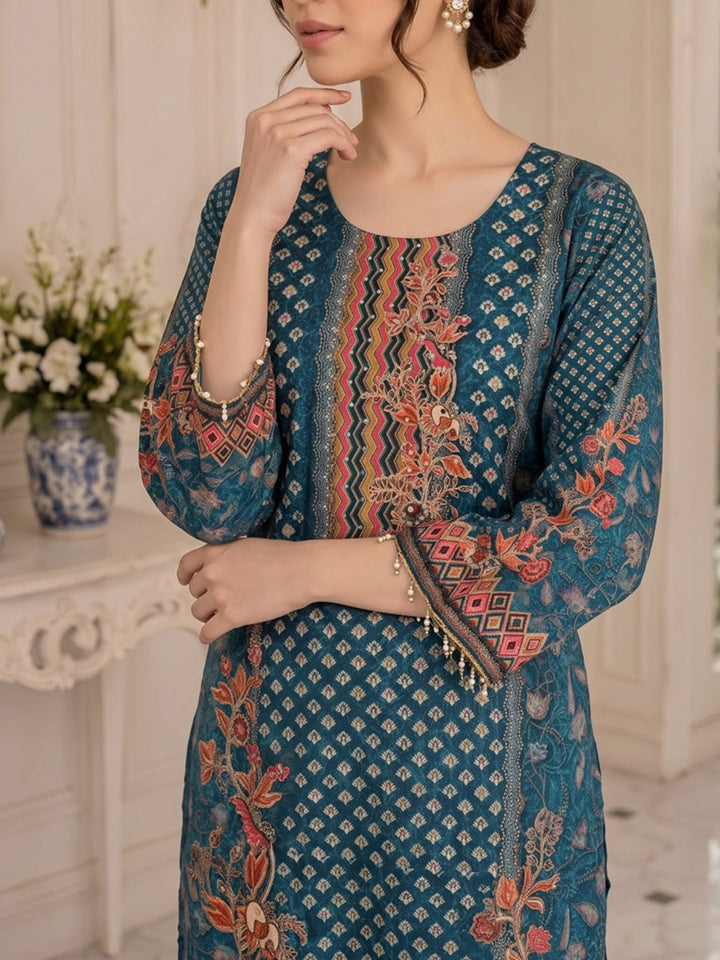Blue Printed Muslin Kurta With Pant &amp; Dupatta