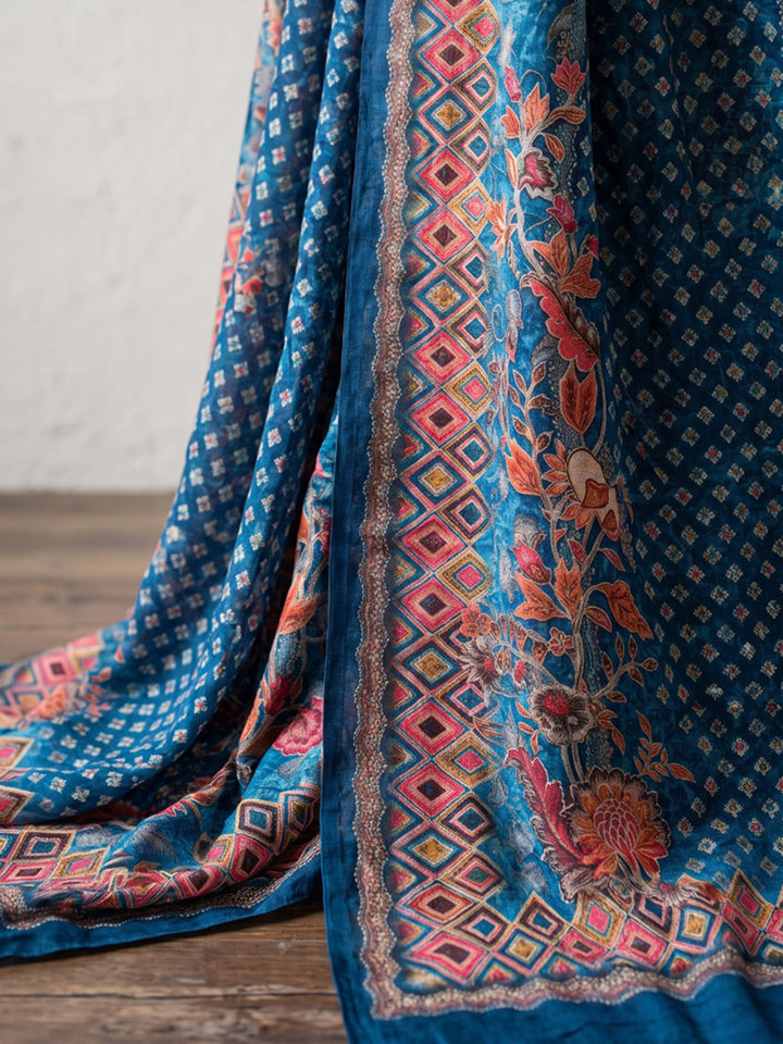 Blue Printed Muslin Kurta With Pant &amp; Dupatta