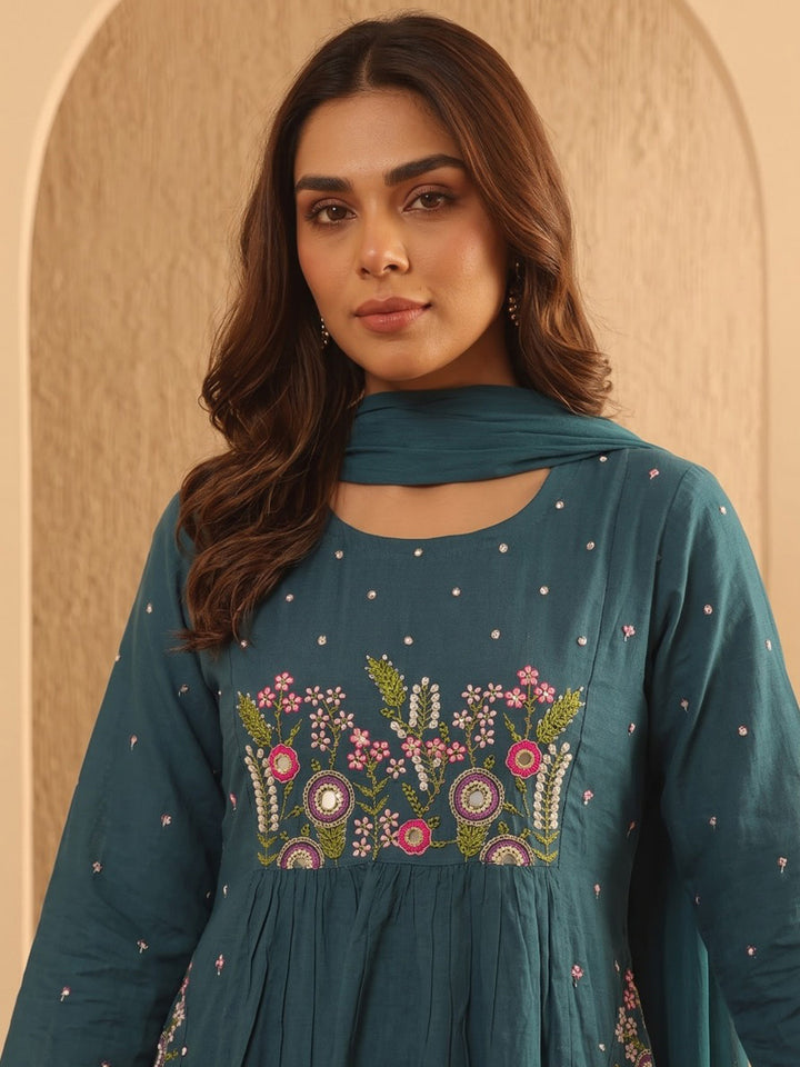 Blue Printed Cotton Blend Kurta With Pant &amp; Dupatta