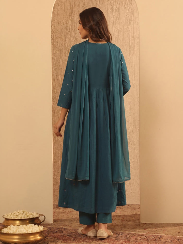 Blue Printed Cotton Blend Kurta With Pant &amp; Dupatta