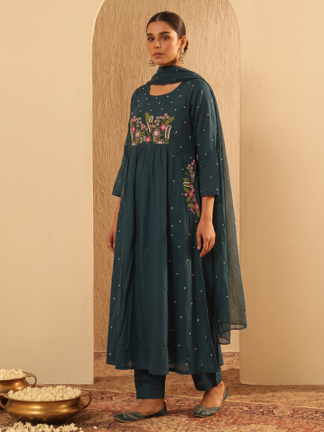 Blue Printed Cotton Blend Kurta With Pant &amp; Dupatta