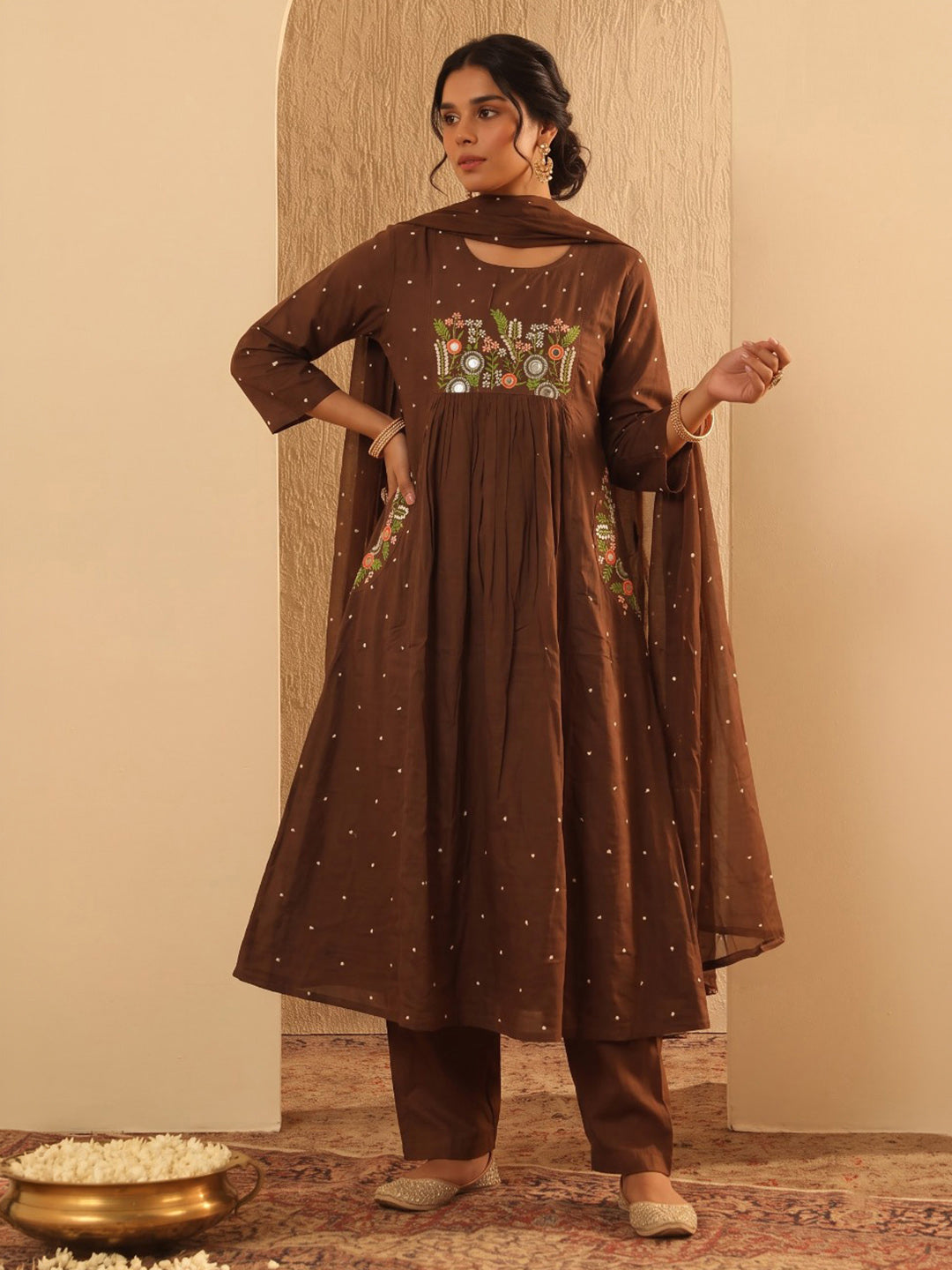 Brown Printed Cotton Blend Kurta With Pant &amp; Dupatta