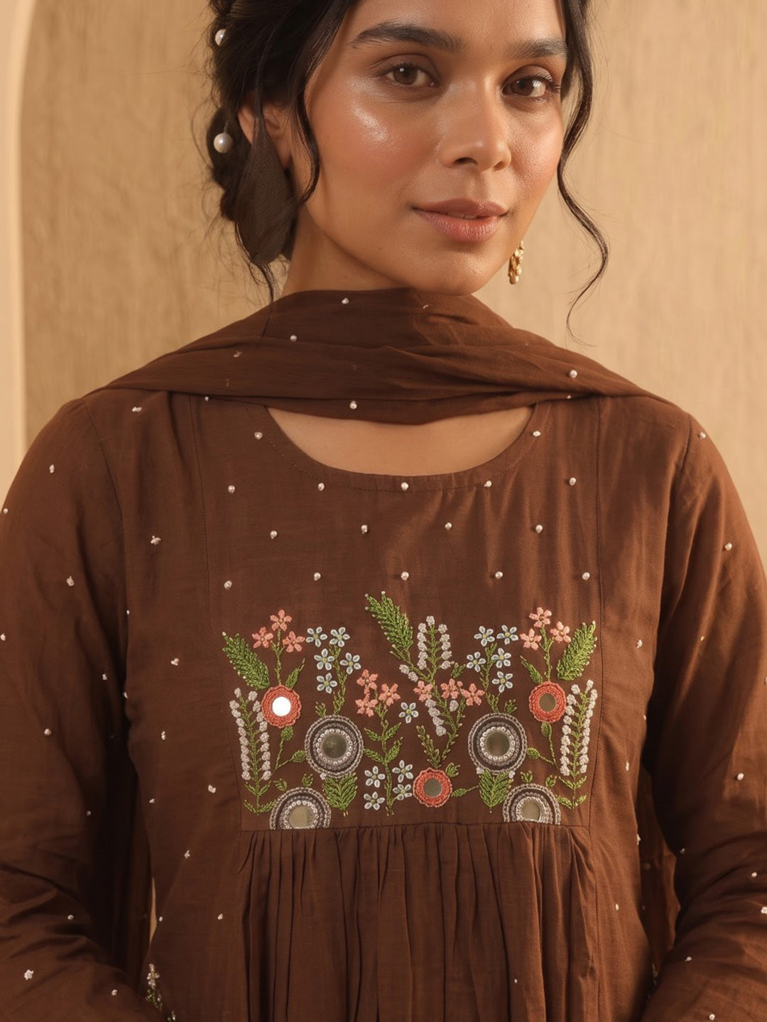 Brown Printed Cotton Blend Kurta With Pant &amp; Dupatta