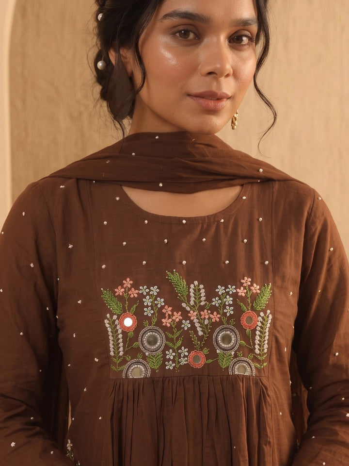 Brown Printed Cotton Blend Kurta With Pant &amp; Dupatta