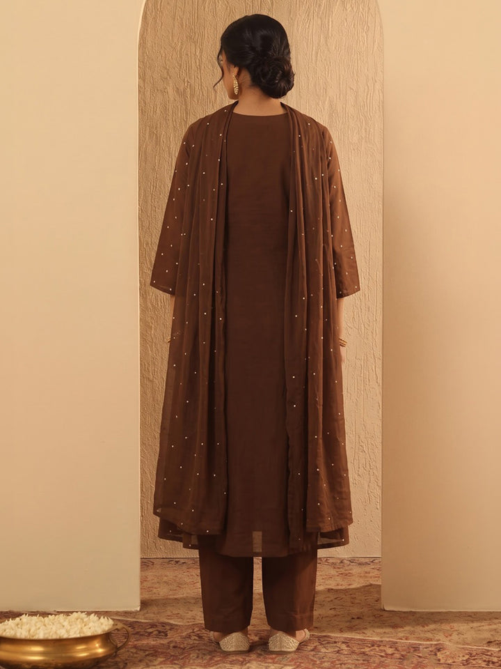 Brown Printed Cotton Blend Kurta With Pant &amp; Dupatta
