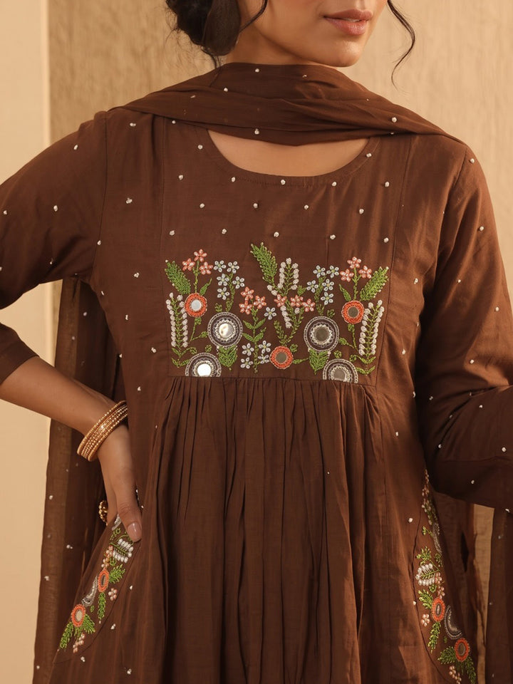 Brown Printed Cotton Blend Kurta With Pant &amp; Dupatta