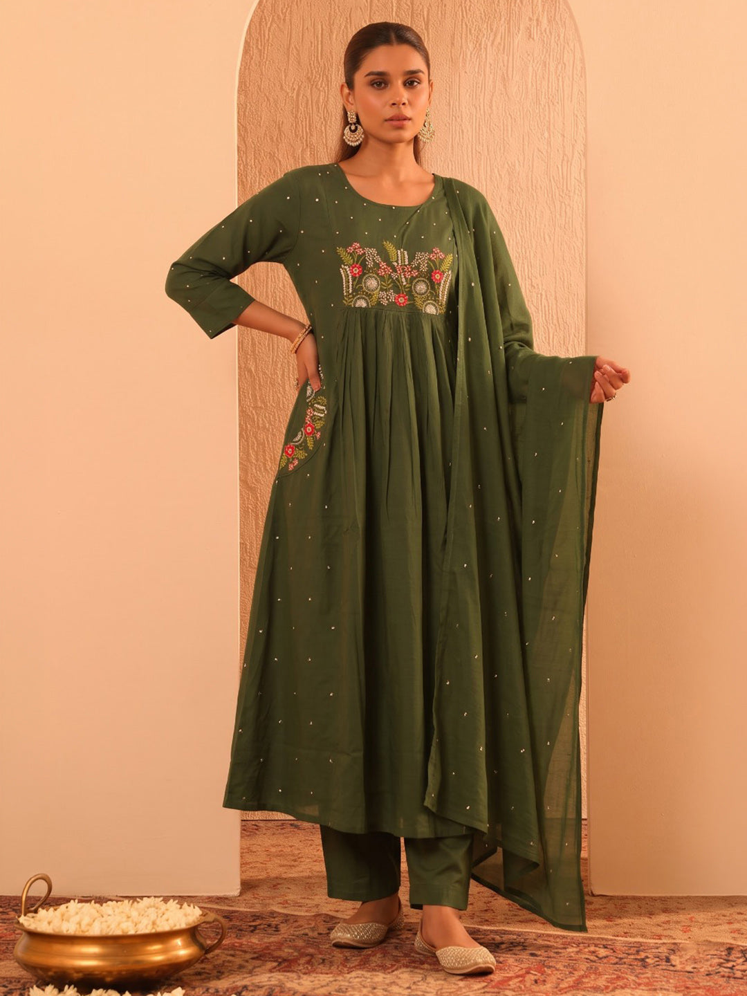 Green Printed Cotton Blend Kurta With Pant &amp; Dupatta