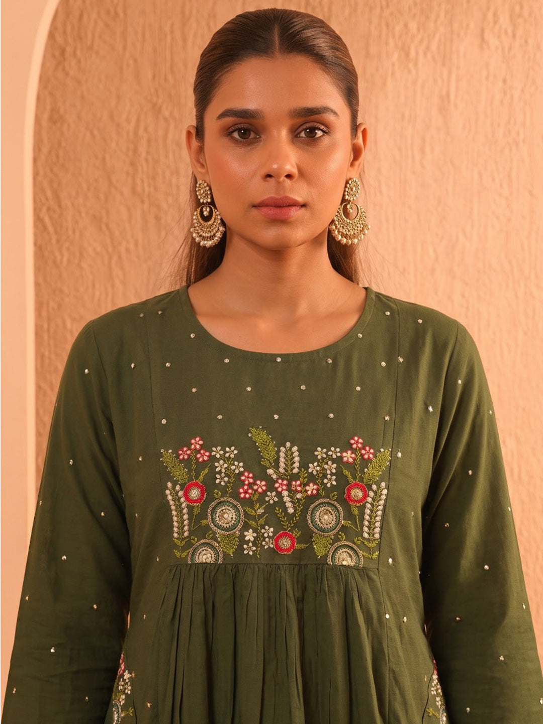 Green Printed Cotton Blend Kurta With Pant &amp; Dupatta