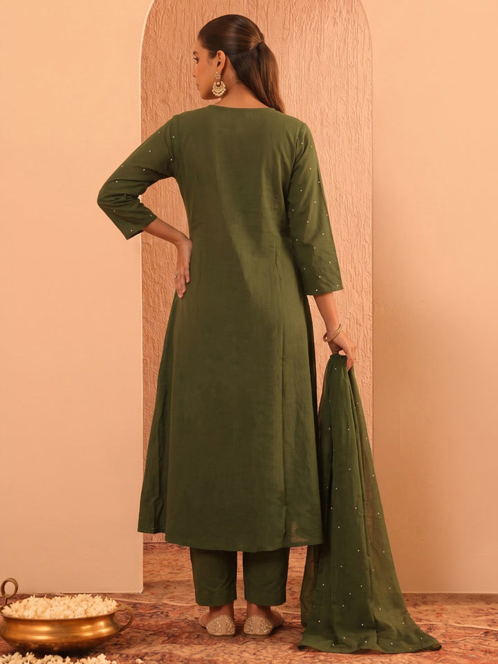 Green Printed Cotton Blend Kurta With Pant &amp; Dupatta