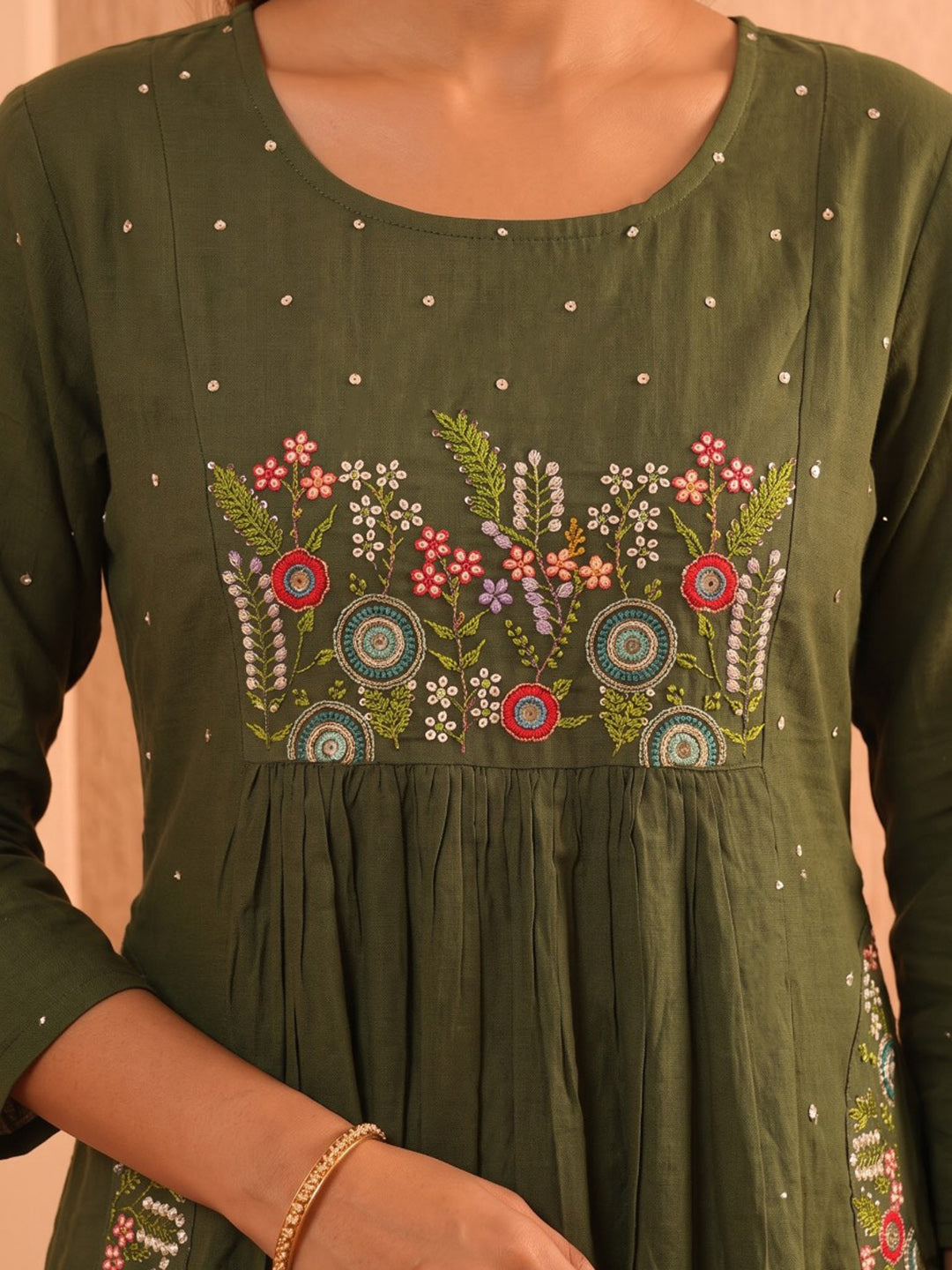 Green Printed Cotton Blend Kurta With Pant &amp; Dupatta