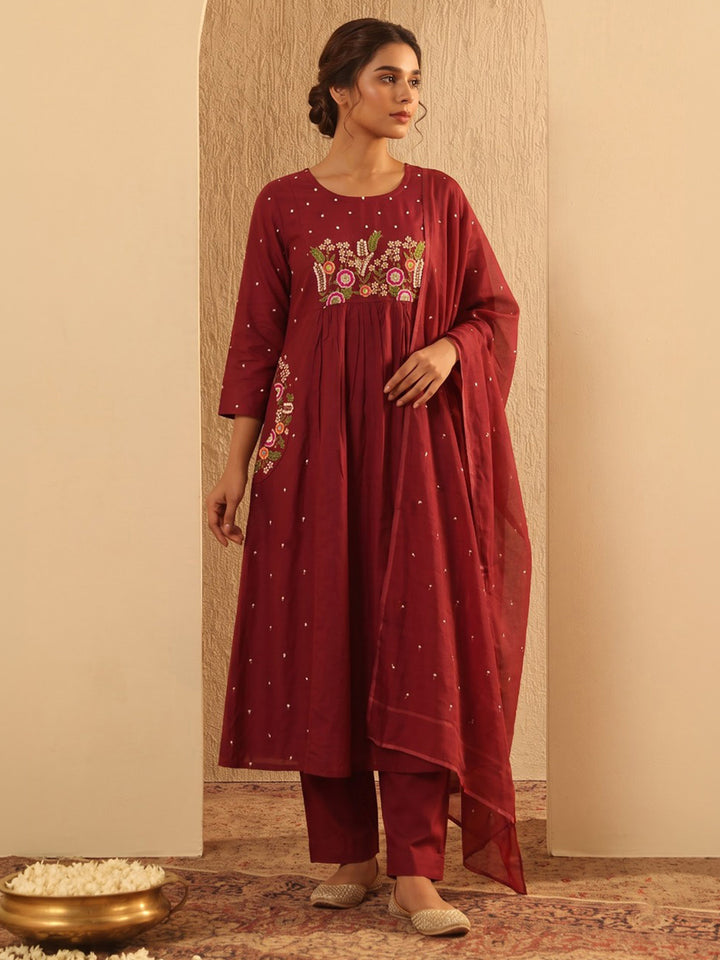 Maroon Printed Cotton Blend Kurta With Pant &amp; Dupatta