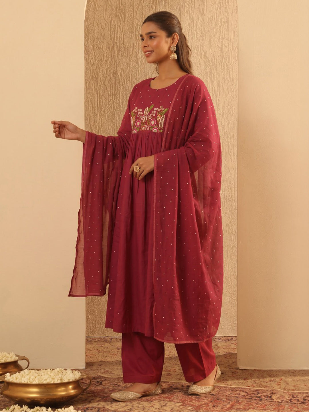 Maroon Printed Cotton Blend Kurta With Pant &amp; Dupatta