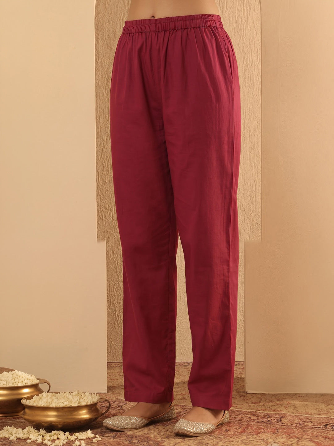 Maroon Printed Cotton Blend Kurta With Pant &amp; Dupatta