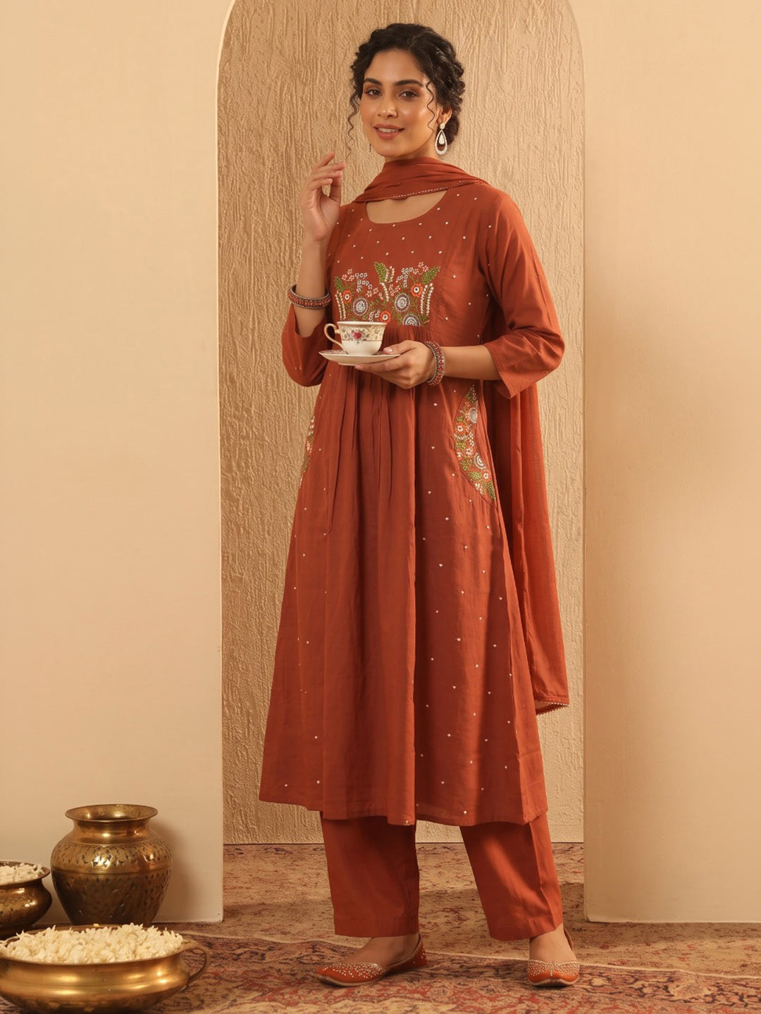 Rust Printed Cotton Blend Kurta With Pant &amp; Dupatta