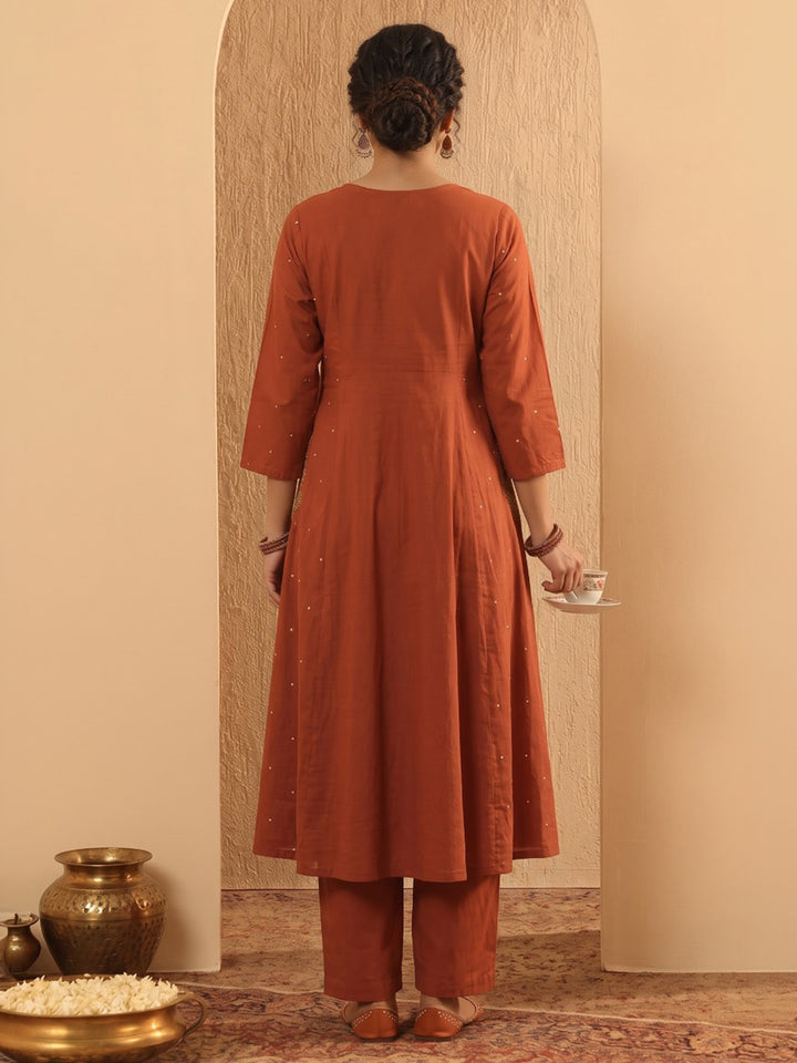 Rust Printed Cotton Blend Kurta With Pant &amp; Dupatta