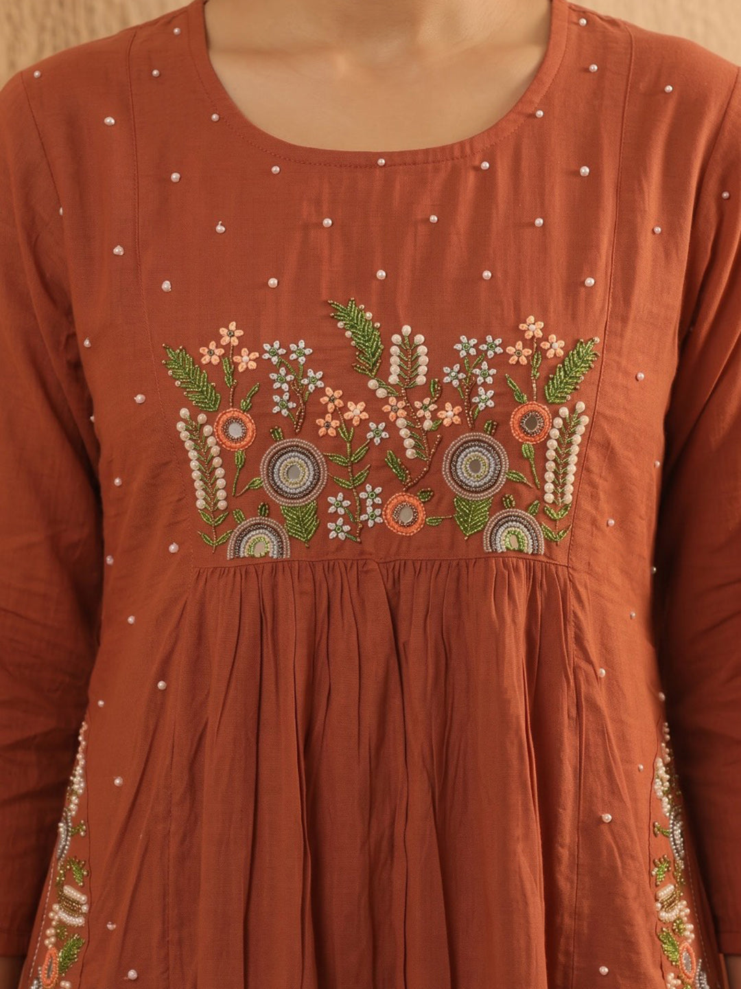 Rust Printed Cotton Blend Kurta With Pant &amp; Dupatta