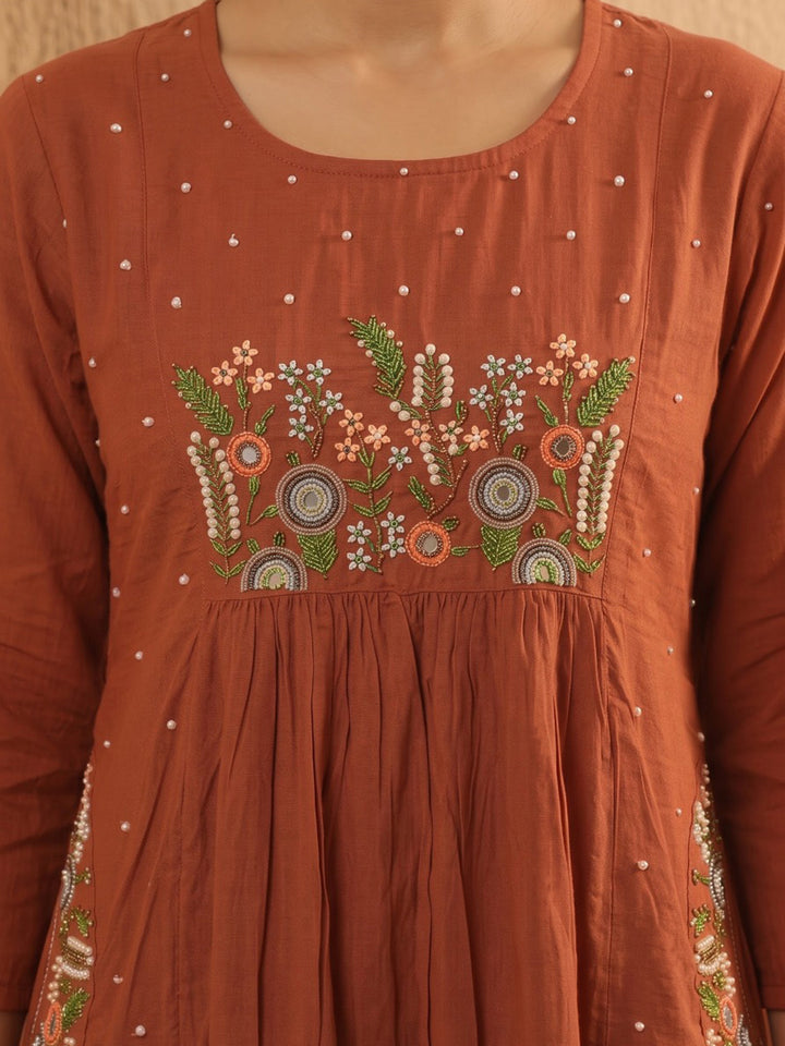 Rust Printed Cotton Blend Kurta With Pant &amp; Dupatta