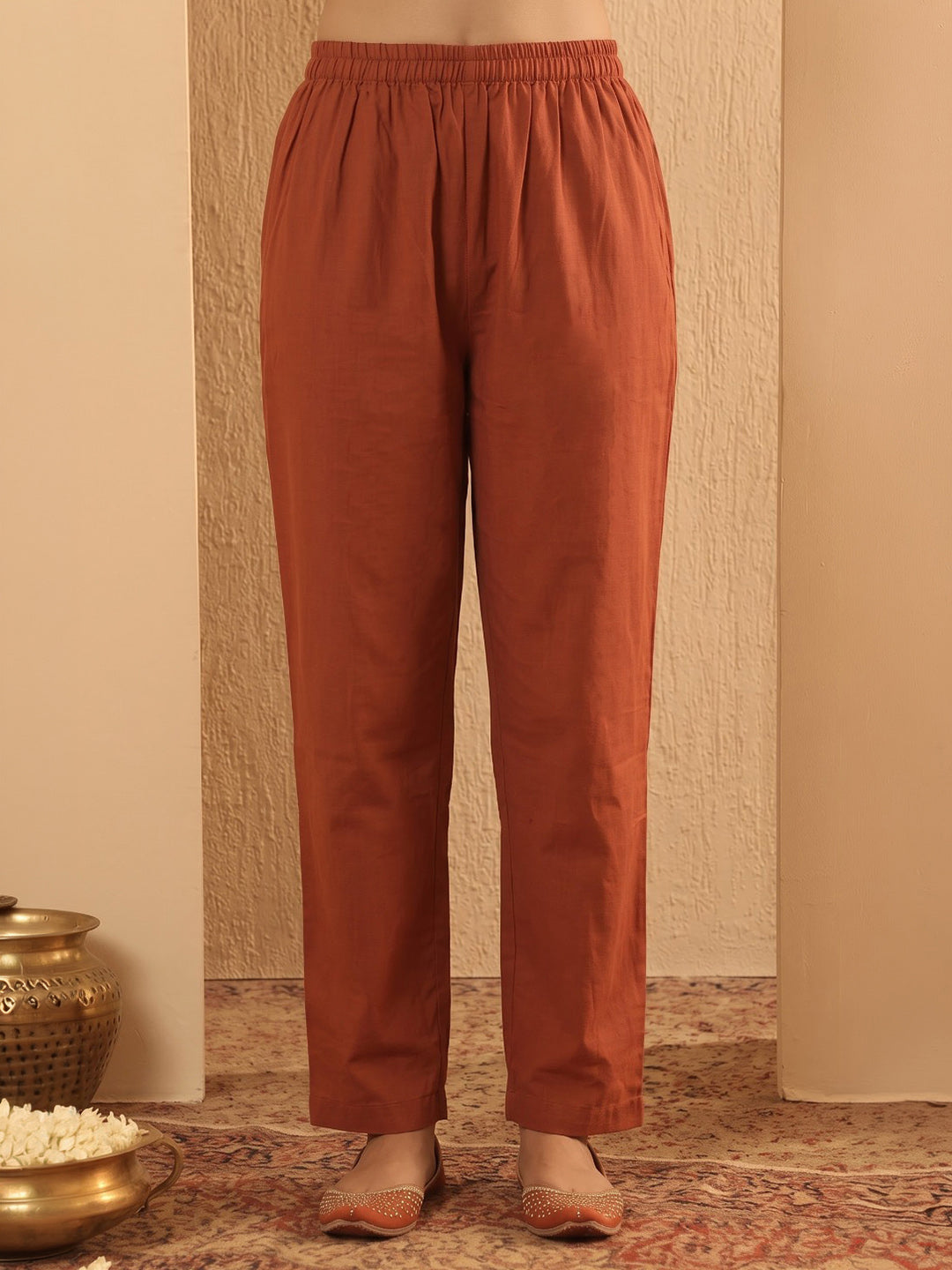 Rust Printed Cotton Blend Kurta With Pant &amp; Dupatta