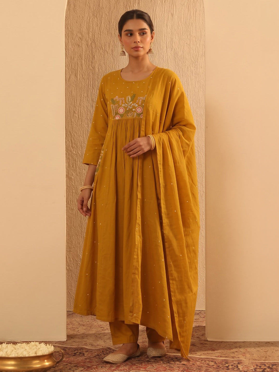 Yellow Printed Cotton Blend Kurta With Pant &amp; Dupatta