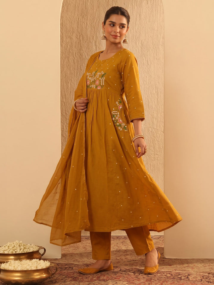 Yellow Printed Cotton Blend Kurta With Pant &amp; Dupatta