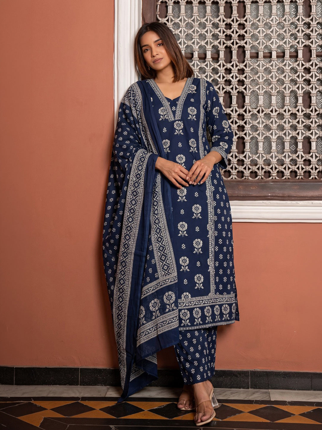 Blue Embroidered Cotton Blend Kurta With Pant &amp; Dupatta