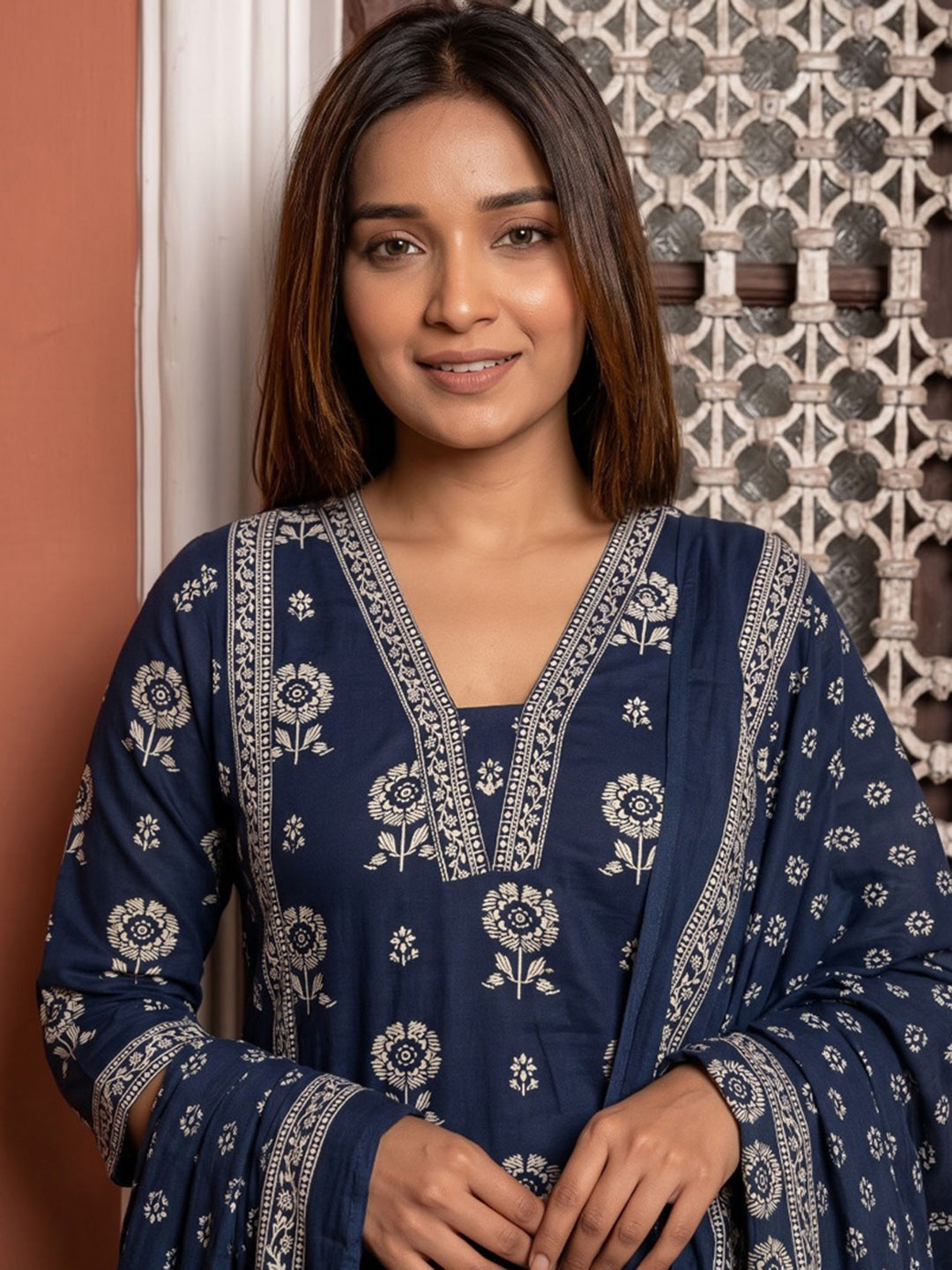 Blue Embroidered Cotton Blend Kurta With Pant &amp; Dupatta