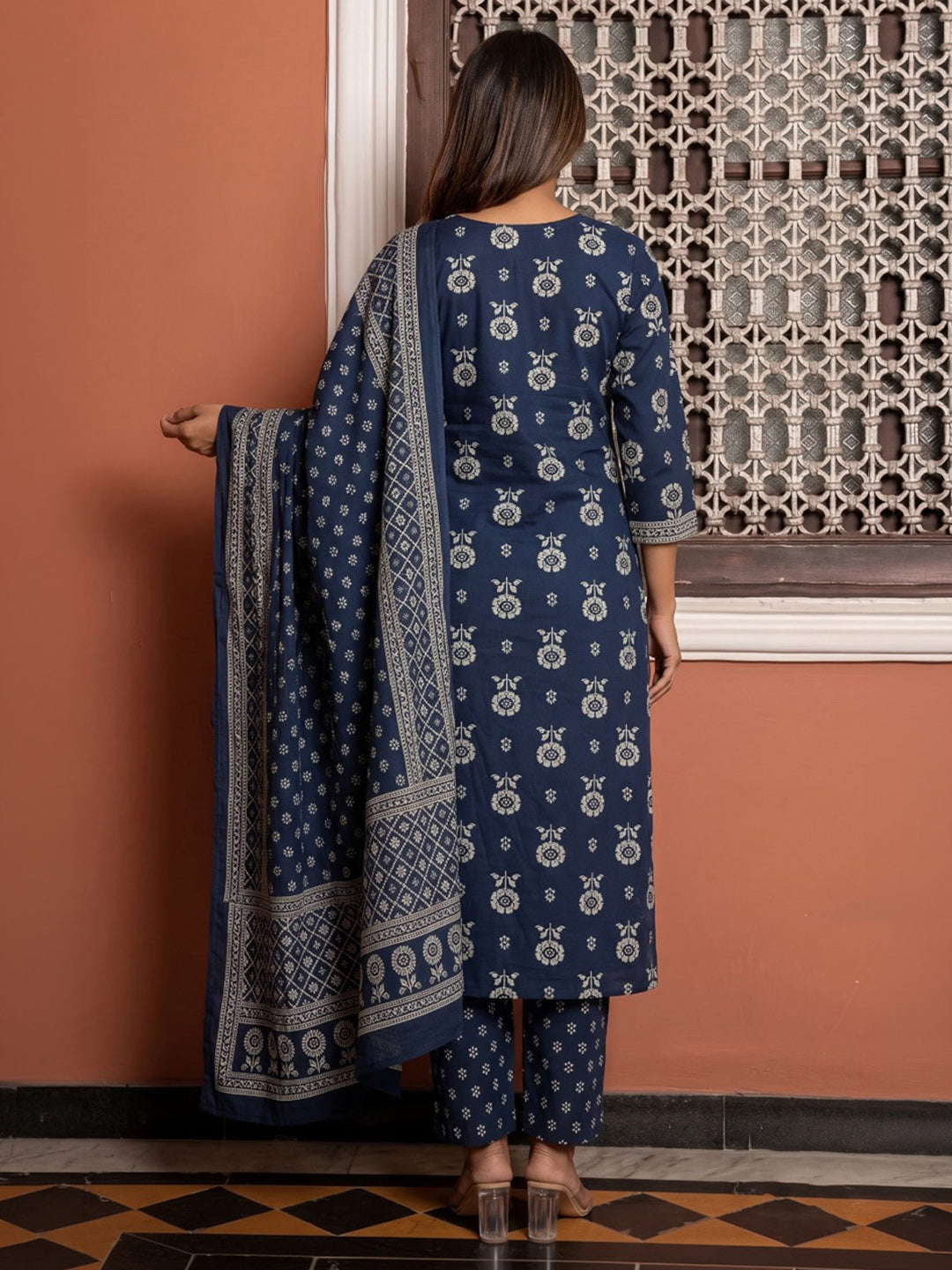 Blue Embroidered Cotton Blend Kurta With Pant &amp; Dupatta