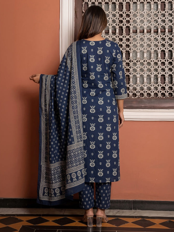 Blue Embroidered Cotton Blend Kurta With Pant &amp; Dupatta