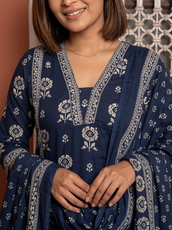 Blue Embroidered Cotton Blend Kurta With Pant &amp; Dupatta