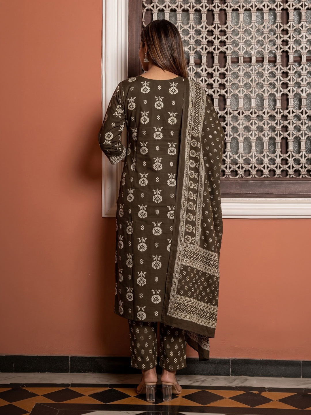 Brown Embroidered Cotton Blend Kurta With Pant &amp; Dupatta