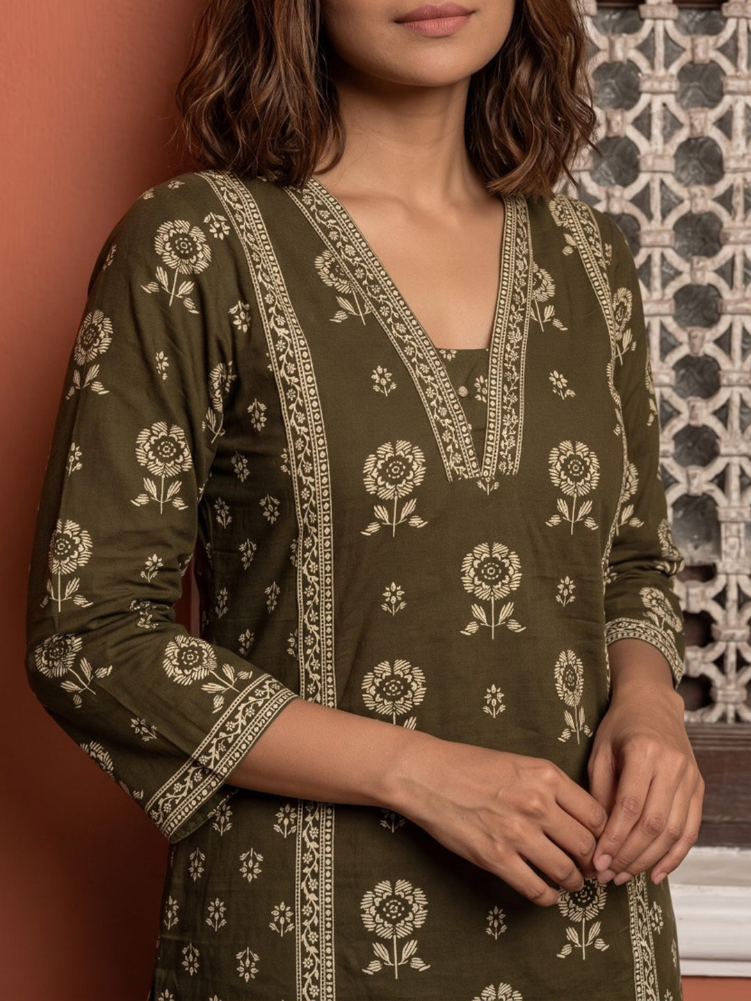 Brown Embroidered Cotton Blend Kurta With Pant &amp; Dupatta