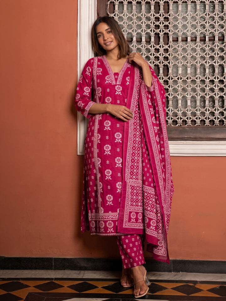 Pink Embroidered Cotton Blend Kurta With Pant &amp; Dupatta