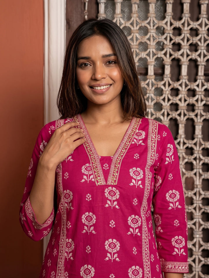 Pink Embroidered Cotton Blend Kurta With Pant &amp; Dupatta
