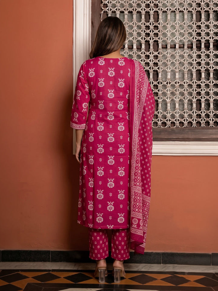 Pink Embroidered Cotton Blend Kurta With Pant &amp; Dupatta