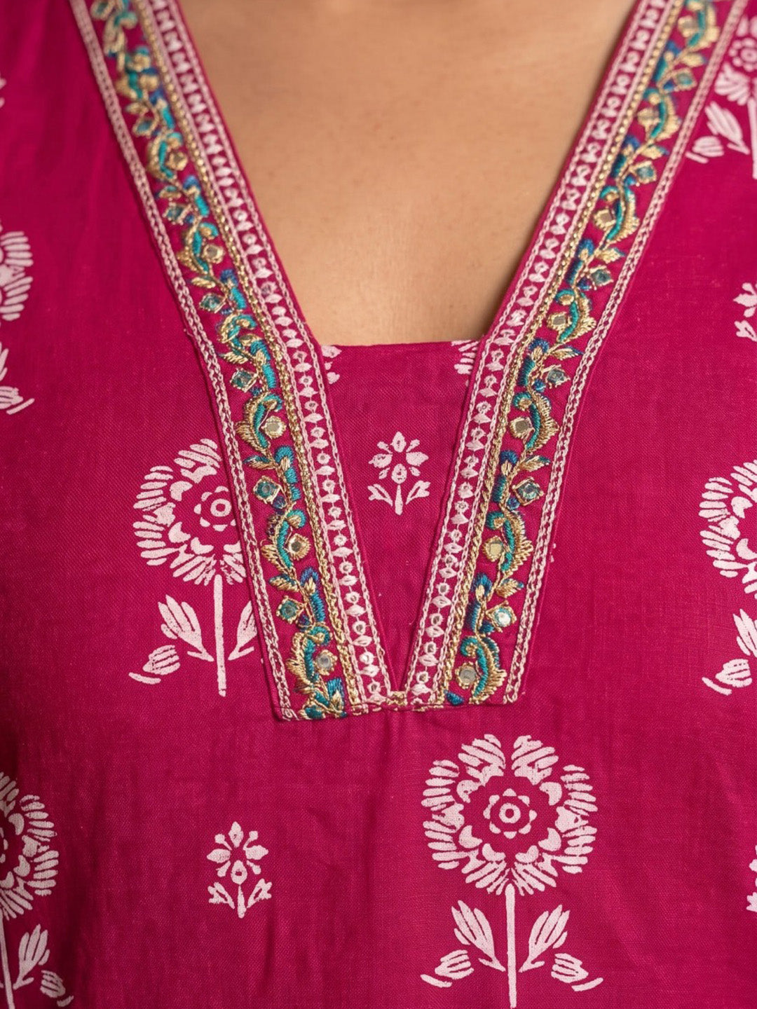 Pink Embroidered Cotton Blend Kurta With Pant &amp; Dupatta