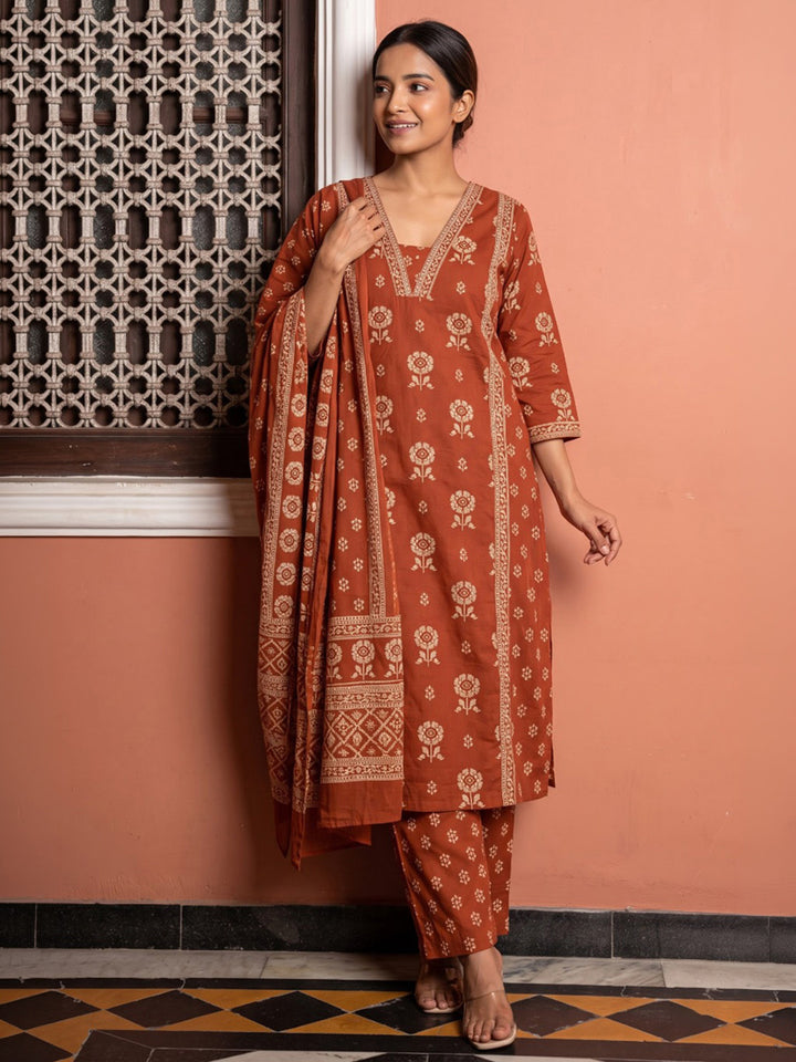 Rust Embroidered Cotton Blend Kurta With Pant &amp; Dupatta