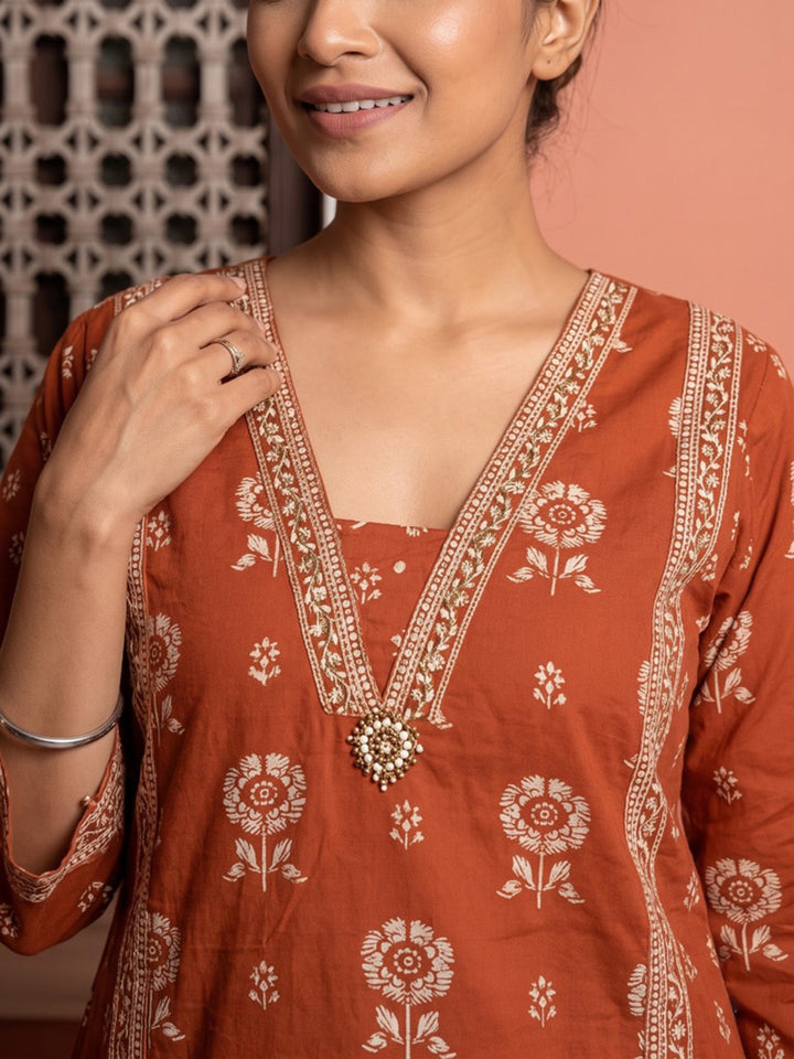 Rust Embroidered Cotton Blend Kurta With Pant &amp; Dupatta