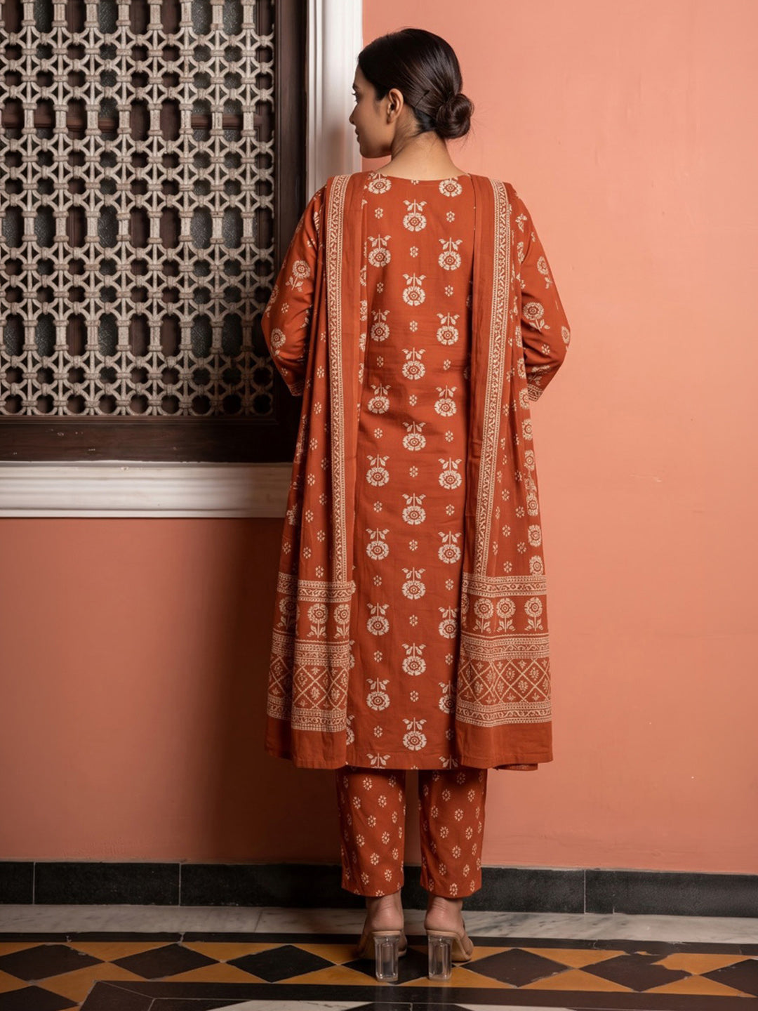 Rust Embroidered Cotton Blend Kurta With Pant &amp; Dupatta
