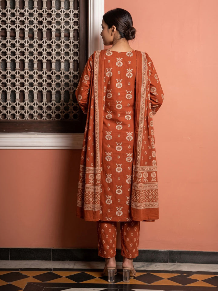 Rust Embroidered Cotton Blend Kurta With Pant &amp; Dupatta
