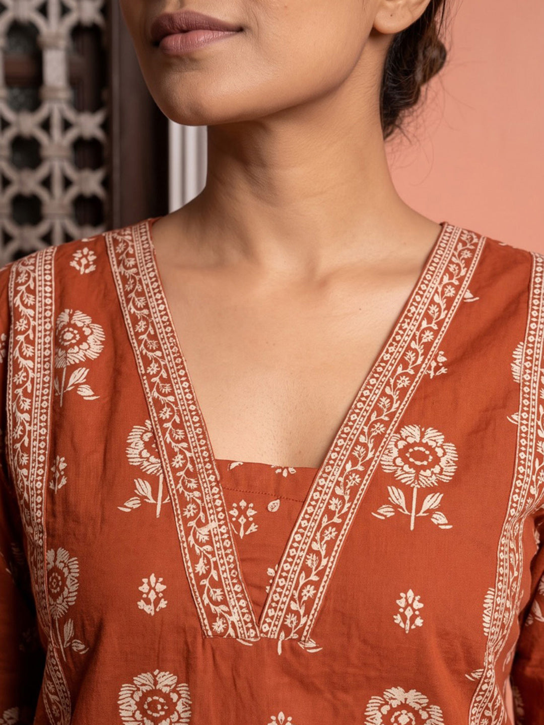 Rust Embroidered Cotton Blend Kurta With Pant &amp; Dupatta