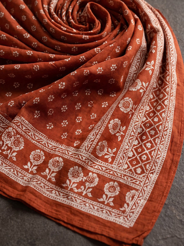 Rust Embroidered Cotton Blend Kurta With Pant &amp; Dupatta