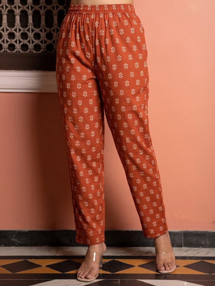 Rust Embroidered Cotton Blend Kurta With Pant &amp; Dupatta