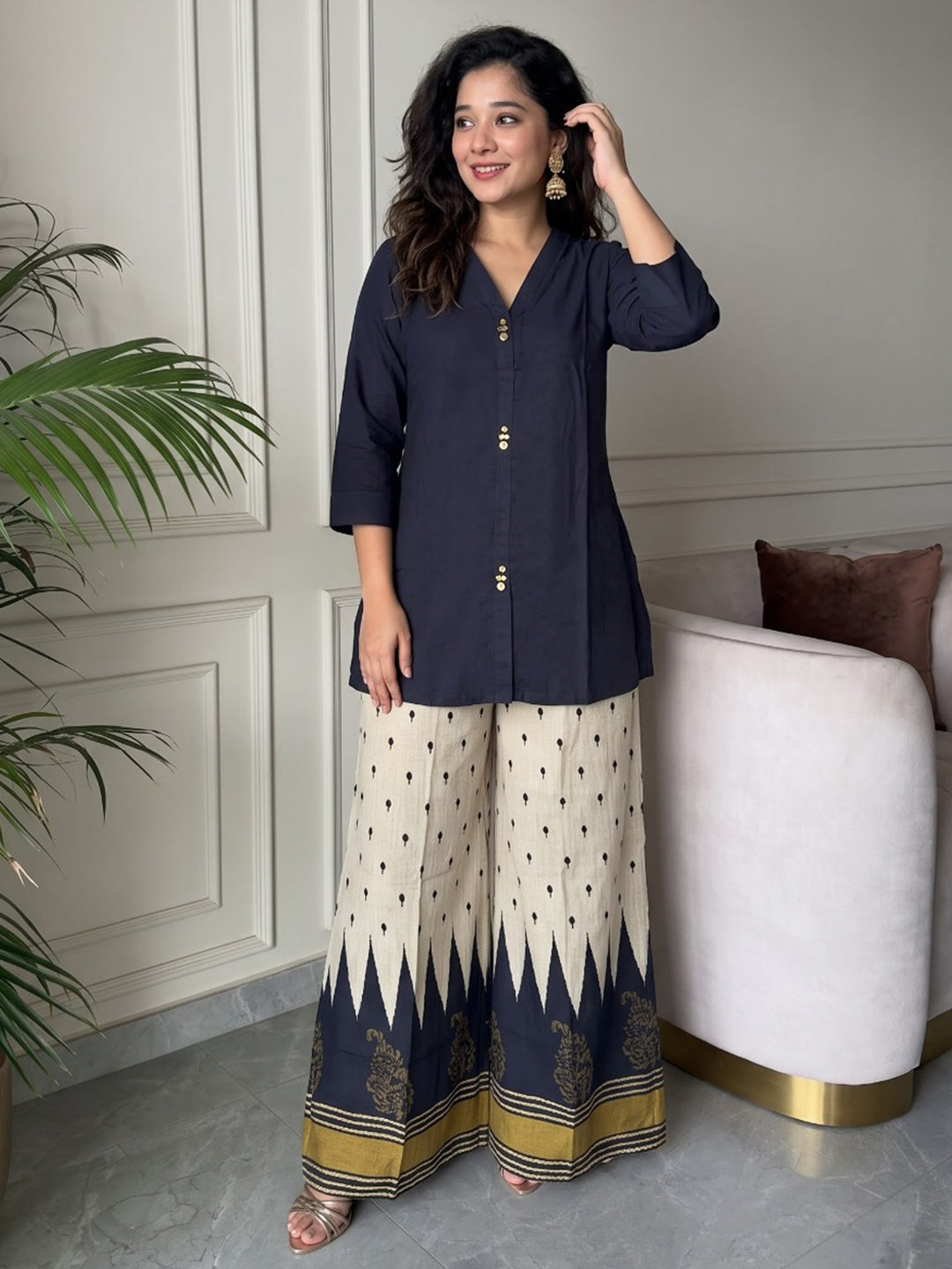 Blue Printed Muslin Kurta Set