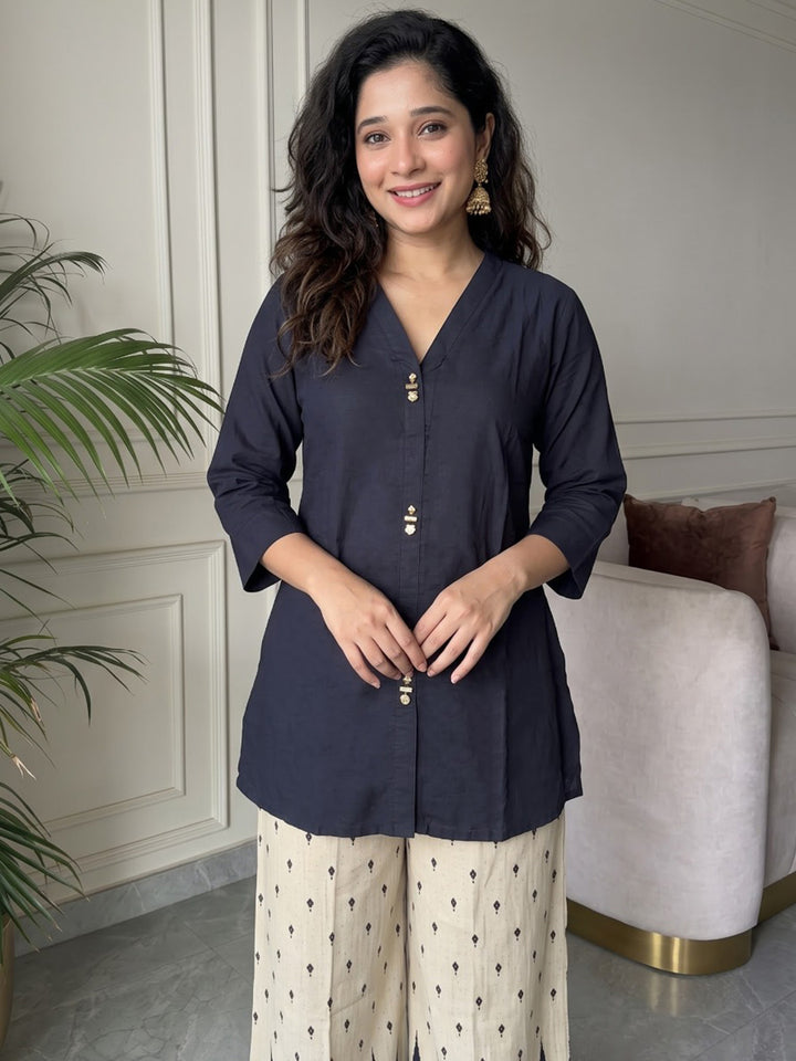 Blue Printed Muslin Kurta Set